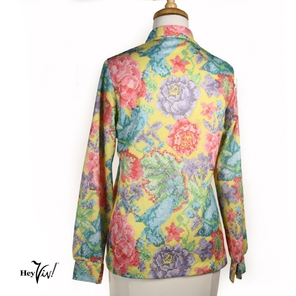 Vintage 70s Shirt Rainbow Colored Flower Long Sleeve Button Up Size 14 - Hey Viv - Picture 4 of 6
